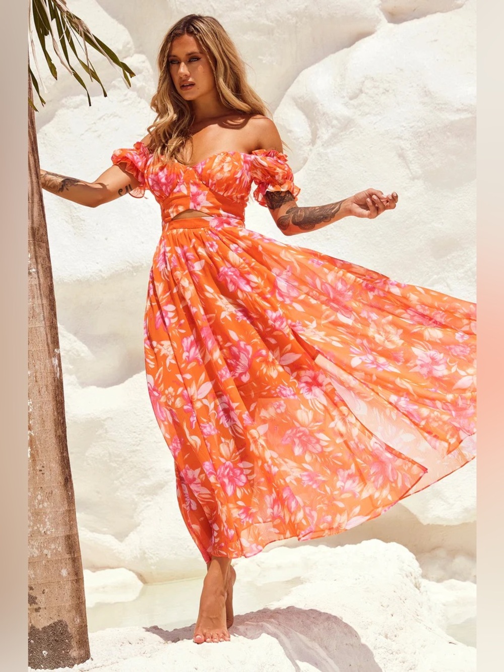 Sage + paige sundrenched maxi dress chiffon flowy floral off the shoulder Small